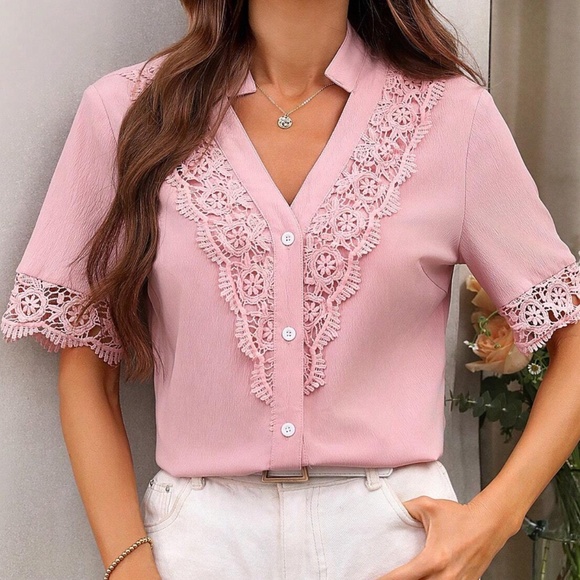 Boho Floral Lace Button Down Short Sleeve Top - Picture 2 of 4